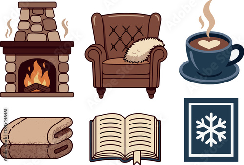 Cozy winter elements collection: fireplace, armchair, coffee, book