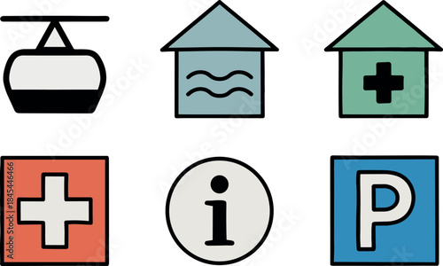 Set of six simple icons for ski resort amenities and services