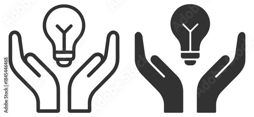 Lightbulb in hands icon, idea support and innovation concept, outline and solid vector illustration on transparent background