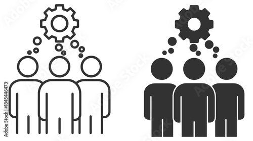 Team management icon, people collaboration with gear and workflow process, outline vector illustration on transparent background