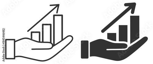 Business growth icon, upward chart in hand and financial progress concept, outline vector illustration on transparent background