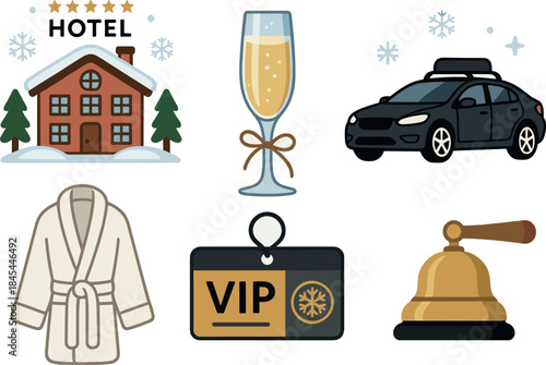 Luxury ski resort icon collection with hotel, car, and champagne