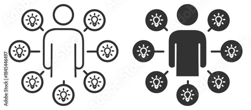 Creative thinking icon, person surrounded by ideas and brainstorming concept, outline vector illustration on transparent background