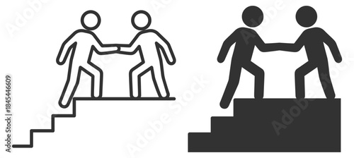 Helping hand teamwork and support on steps, success and cooperation concept icon on transparent background