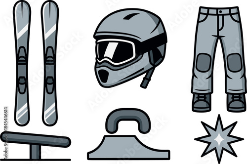Winter sports equipment and freestyle elements illustration