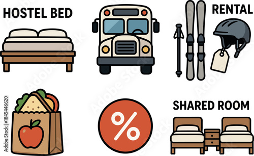 Vector icons for budget ski trip elements: accommodation, transport, gear, food, and savings