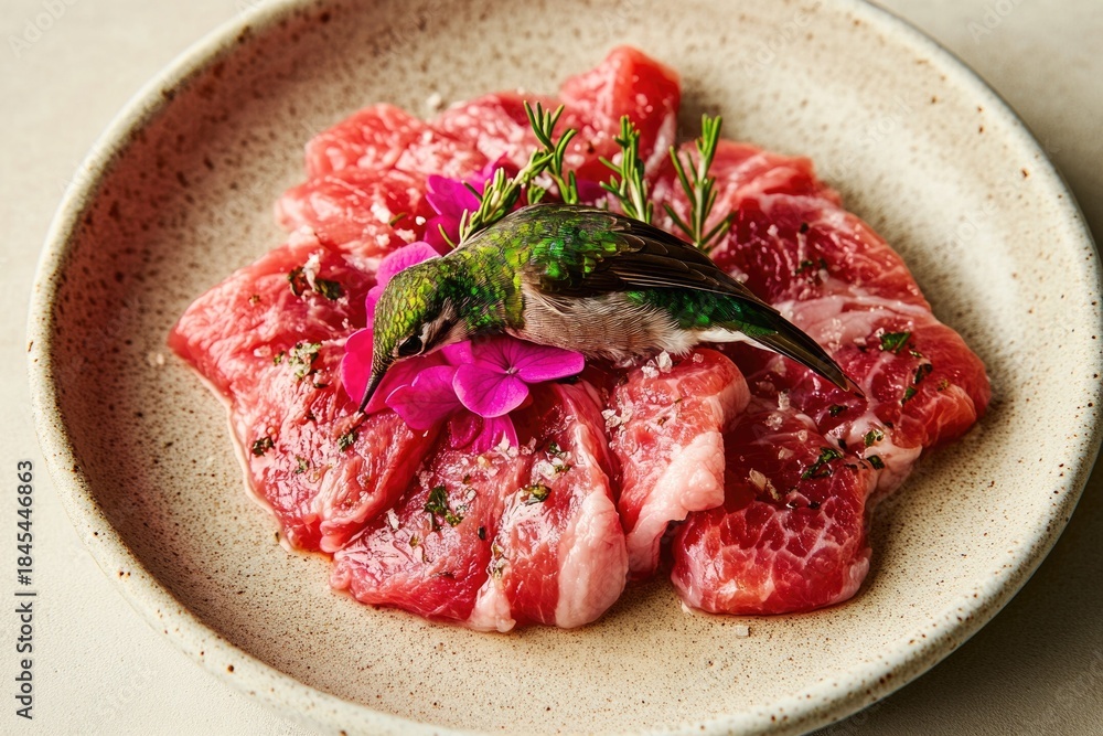 Naklejka premium Hummingbird on Beef Carpaccio