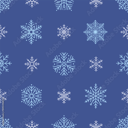 Seamless pattern with cute minimalist snowflakes. Gentle winter holiday design for Christmas, New Year. Perfect for banner, wallpaper, wrapping paper, background, card, poster. Vector illustration
