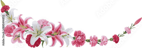 Panoramic watercolor illustration of a spring bouquet with carnations and lilies as a horizontal floral border for Mother’s Day or wedding invitations, vector