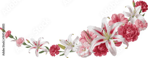 Panoramic watercolor illustration of a spring bouquet with carnations and lilies as a horizontal floral border for Mother’s Day or wedding invitations, vector
