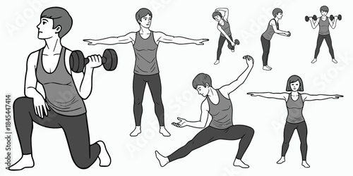 Athletic Male Fitness Trainer Holding Dumbbells. Sporty Man Character Constructor for Animation. Front, Side and Back View Set with Body Poses. Vector Illustration