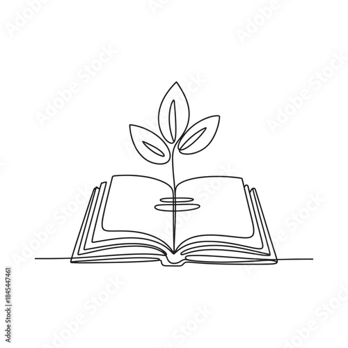 A single line drawing of a plant growing from an open book
