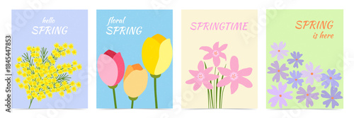 Set of four banners depicting spring flowers with grain texture. The banners contain inscriptions Hello spring, Floral spring, Springtime and Spring is here.