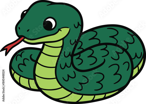 Vector illustration of a cute, coiled green cartoon snake with textured scales, a light green underbelly, and a red forked tongue.