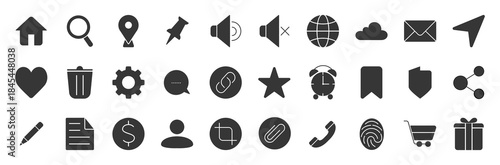 User interface glyph icon set. Contain home, web, chat, location, search, setting, money, trash, gear, cloud, email, security, share, gift, send.