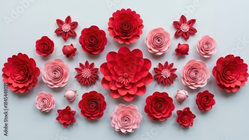 Assorted red and pink paper flowers on light gray background