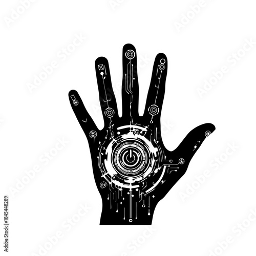 Futuristic Hand with Circuitry and Power Button Symbol Icon