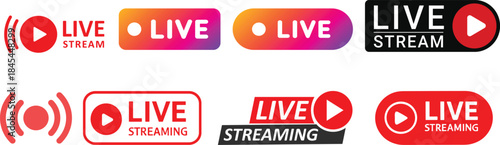 Live Streaming Icon set. Vector for streaming, live broadcast, blog, television, shows, live performances, news and various video content. Live broadcasting buttons and symbols. Vector illustration.