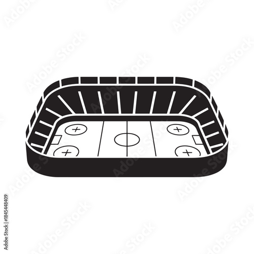 An outlined illustration of an ice hockey rink with spectator seating