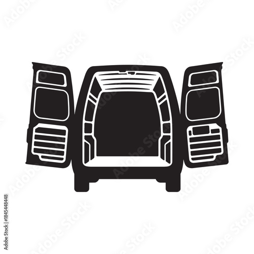 Open car trunk illustration showing the interior space in black and white
