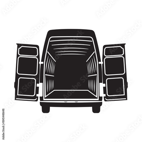 Black and white illustration of a van with its rear doors open