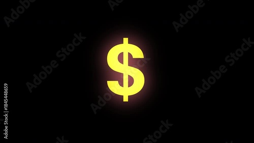 Smooth animation of dollar symbol on black background with flashing yellow light, modern financial motion visual in seamless HD loop.