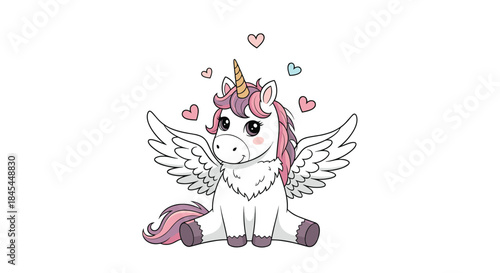 Cute winged unicorn, or pegacorn, sitting with a fluffy mane and surrounded by floating hearts, creating a magical illustration.