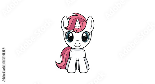 A very cute and simple cartoon baby unicorn with big eyes and a pink mane and tail, standing and smiling sweetly forward.