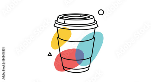 Minimalist line art of a disposable coffee cup with colorful abstract shapes in the background, representing a modern coffee break.