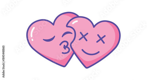 Cute cartoon of two pink hearts, one kissing the other on the cheek, which has a happy dazed expression with X-eyes.
