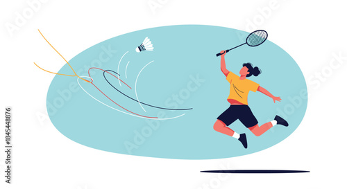 Dynamic illustration of a female badminton player jumping to hit a shuttlecock, with abstract lines showing the fast motion.