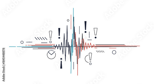 Abstract technological illustration of a sound wave or signal with various warning signs and geometric elements on a white background.