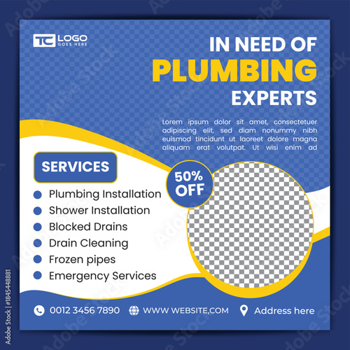 Plumbing service social media post banner template with professional handyman home repair web banner design layout.