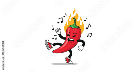 A fun cartoon red hot chili pepper character dancing to music, with flames on its head and musical notes floating around.