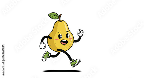 A happy and retro-style cartoon pear character with arms and legs, running with a joyful expression on its face.