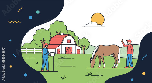 Line art illustration of a peaceful farm scene with two people, a horse grazing, a classic red barn, and trees.