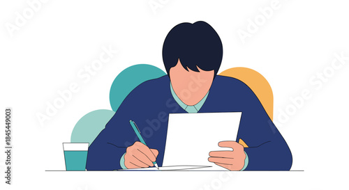 A modern flat illustration of a person sitting at a desk and writing on paper, focused on work, studying, or creative writing.