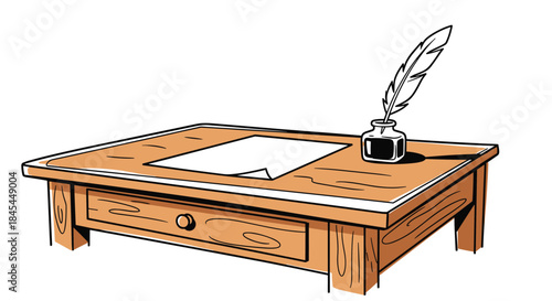 A charming hand-drawn illustration of a vintage wooden desk with a blank piece of paper, an inkwell, and a quill feather pen.