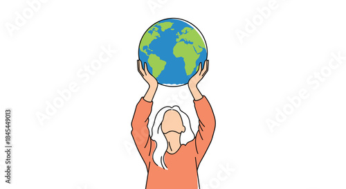 An inspiring illustration of a woman looking up while holding the planet Earth above her head, symbolizing environmental care and responsibility.