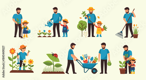 Father and child gardening activities in a backyard