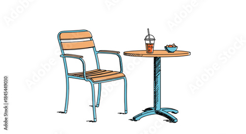 A simple hand-drawn sketch of an outdoor cafe scene with a single chair, a small table, a drink, and a bowl of snacks.
