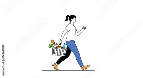 A minimalist illustration of a woman in casual clothes walking while carrying a shopping basket full of fresh grocery items.