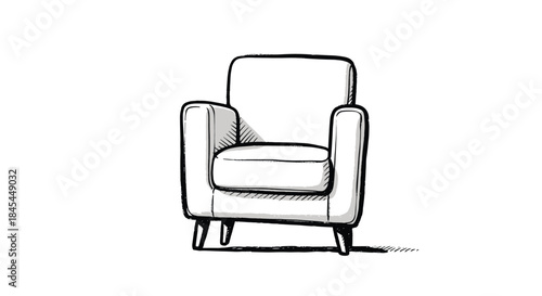 A minimalist black and white sketch of a comfortable armchair, hand-drawn with a rough, textured style for a cozy, rustic feel.