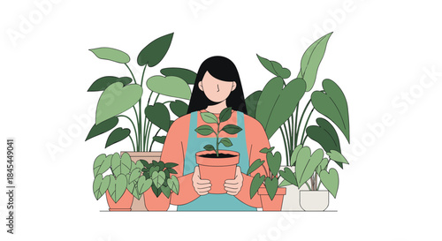 A charming illustration of a woman surrounded by numerous houseplants, holding one in a pot and smiling, showing love for gardening.