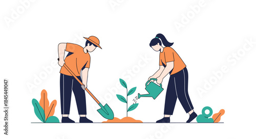 A flat vector illustration shows a man and a woman planting a small tree together, symbolizing teamwork and environmental conservation.