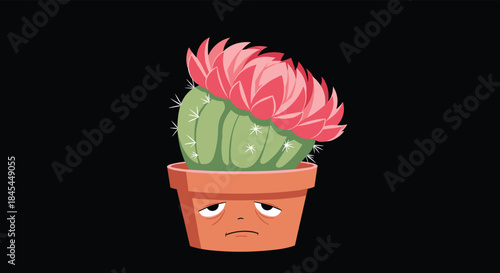 A cute cartoon cactus in a pot with a tired, sleepy facial expression and a pink flower, set against a solid black background.