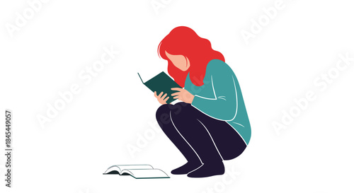 A minimalist illustration of a woman with red hair crouching down to read a book, with another book open on the floor.