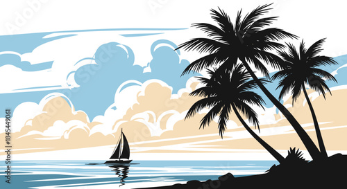 A serene tropical beach scene with silhouette palm trees, a sailboat on the water, and a beautiful cloudy sky at sunset.