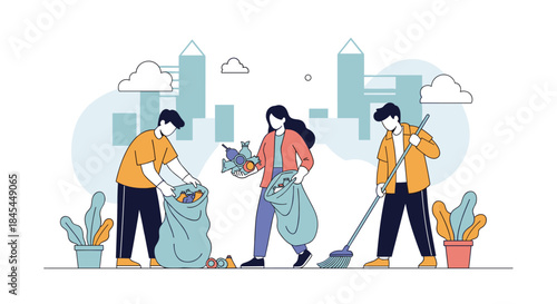 An illustration of a group of young volunteers cleaning up a park in a city, promoting community service and environmental care.