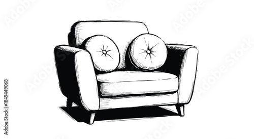 A hand-drawn black and white sketch of a plush armchair with two round pillows, creating a cozy and inviting vintage aesthetic.